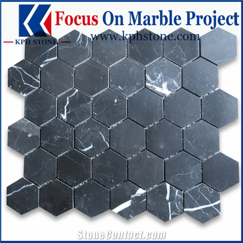 Nero Marquina Black Marble Hexagon Mosaic Tile