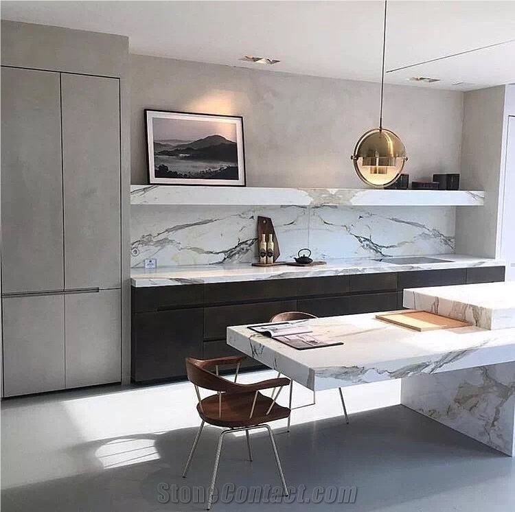 White Elegant Marble Kitchen Island Top Countertop