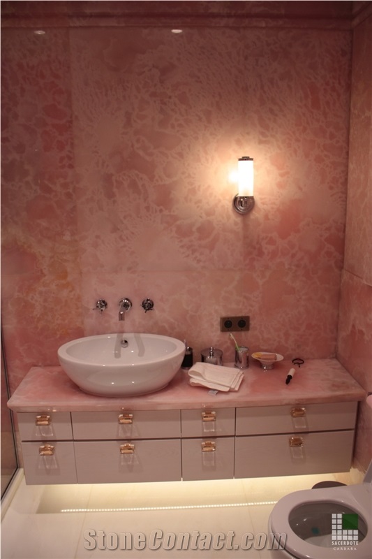 Pink Sapphire Onyx Tile Bathroom Wall Cladding Bookmatched