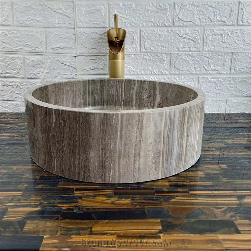 Coffee Wooden Marble Sink Round Basin