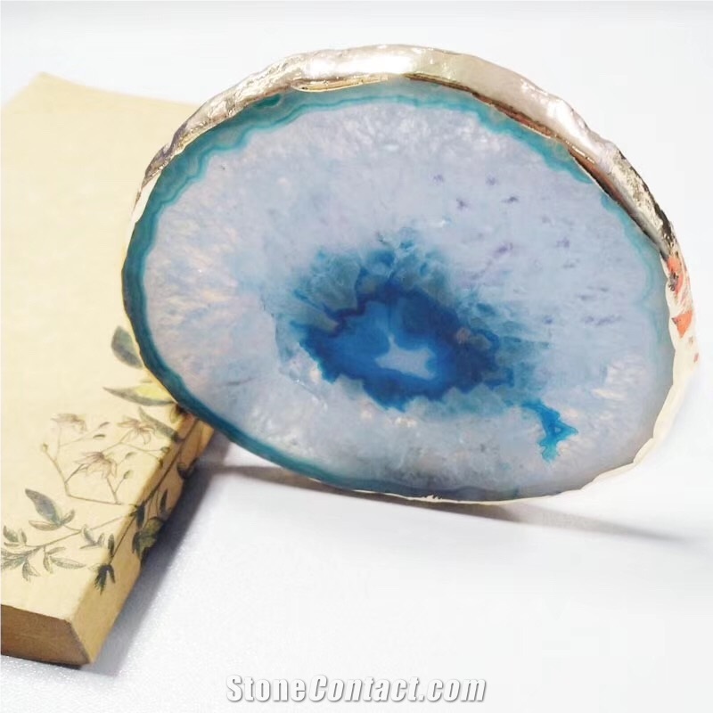 Blue Agate Coasters with Gold Edge Plated Drink