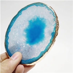 Blue Agate Coasters with Gold Edge Plated Drink