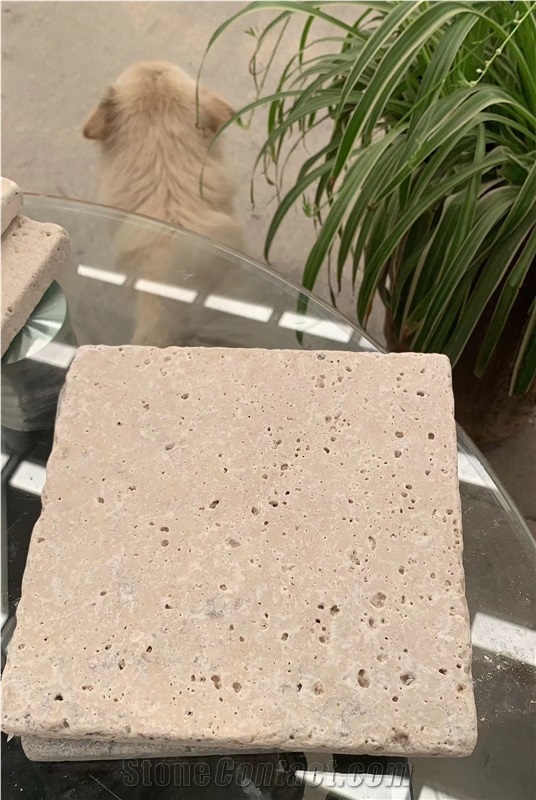 Tumbled Beige Travertine Tiles Unfilled Kitchen Floor Covering Antique Style