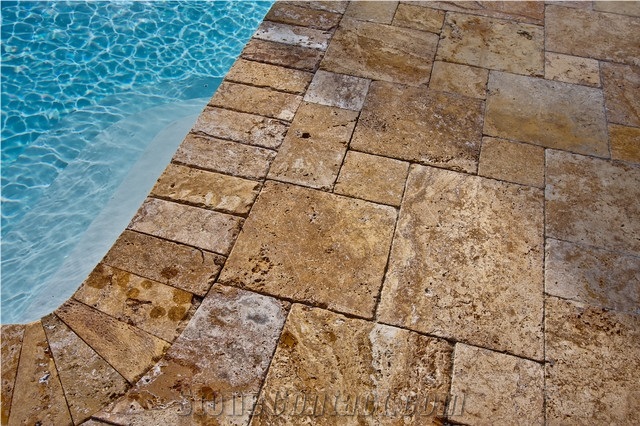 Unfilled Antique Style Tumbled Golden Travertine Cube Stone,Exterior Floor