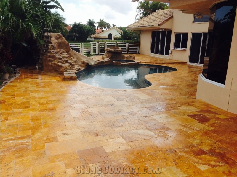 Unfilled Antique Style Tumbled Golden Travertine Cube Stone,Exterior Floor