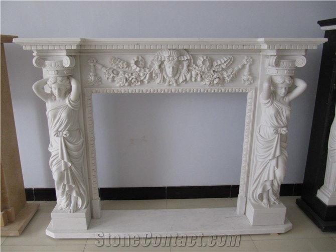 Handcarved Sculptured White Marble Fireplace