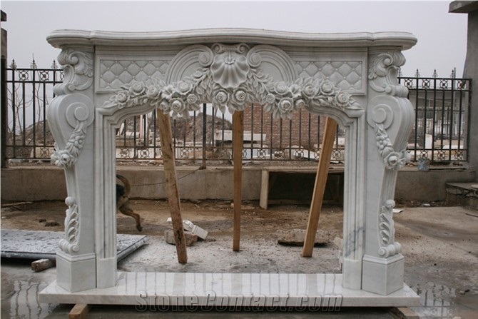 Polished White Marble Fireplace Mantel/Hearth