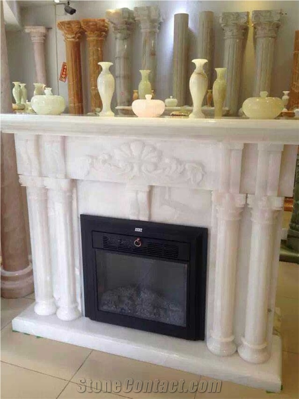 White Stone Handcarved Sculptured Fireplace