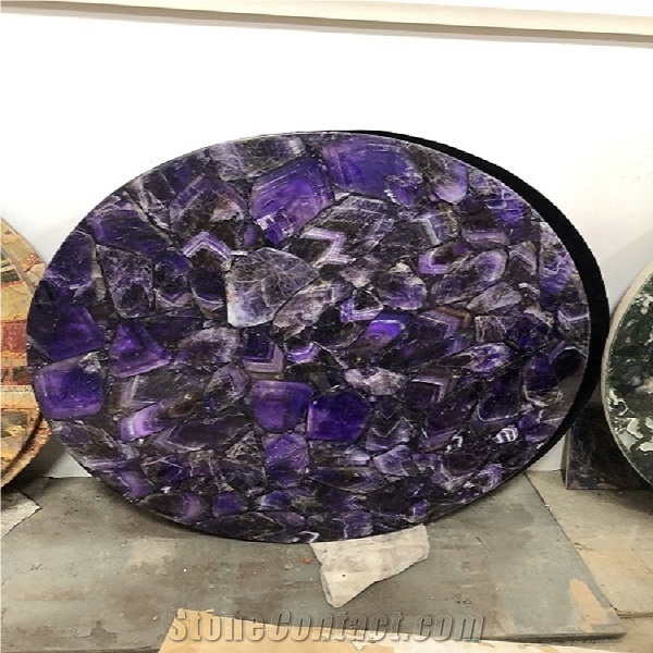 Semi Precious Stone Amethyst Side Table Top
