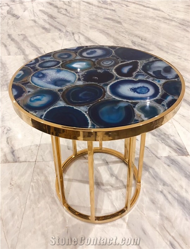 Blue Agate Semi-Precious Stone Round Table Tops