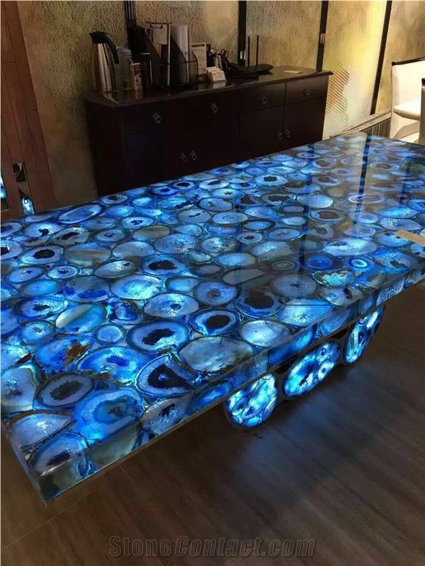 Blue Agate Semi-Precious Stone Round Table Tops