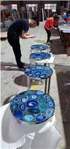 Customized Blue Agate Gemstoneb Table Tops Design