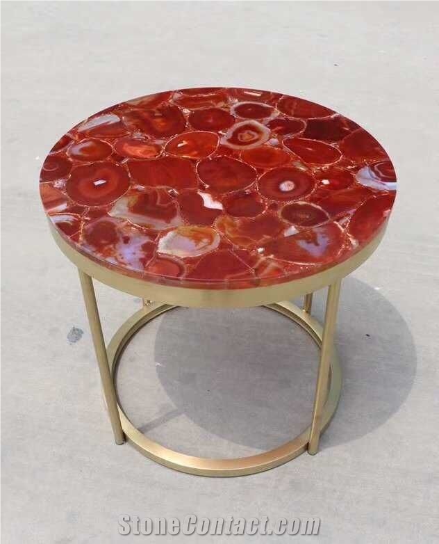 Red Agate Gemstone Round Coffee Table Tops