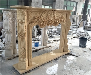 Beige Marble Flower Carvings Fireplace Surround