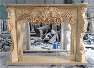Hand-Carved Beige Marble Flower Carvings Fireplace