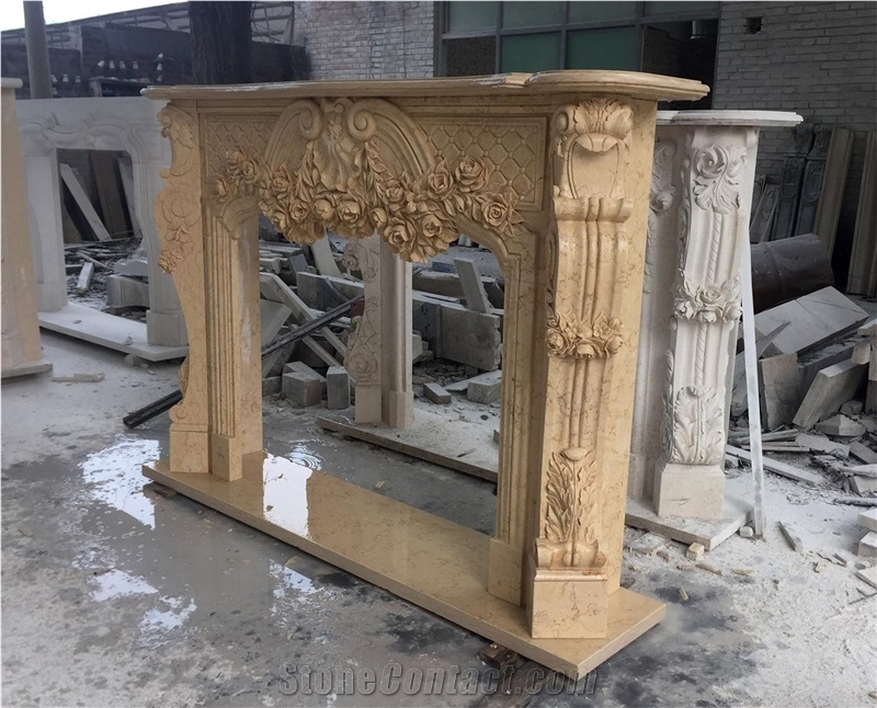 Hand-Carved Beige Marble Indoor Stone Fireplace