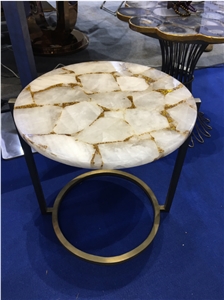 White Crystal Semiprecious Stone Cafe Table Tops