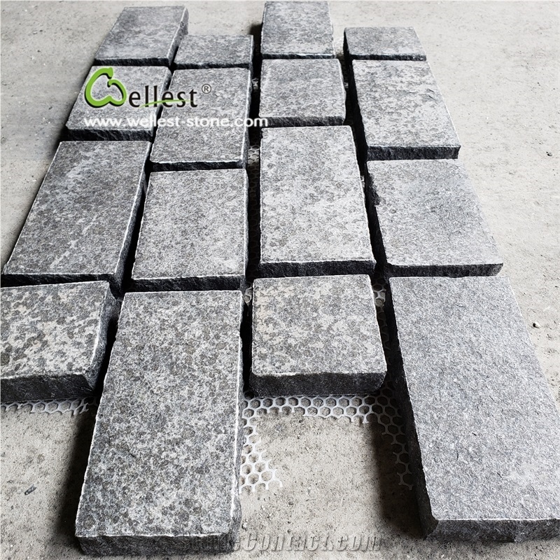 G684 Black Basalt Granite Cobble on Meshed Mats