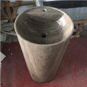 Wood Grain Brown Marble Pedestal Round Basin Sink