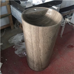 Wood Grain Brown Marble Pedestal Round Basin Sink