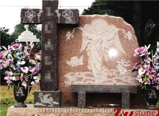Angel&Cross Design Indian Red Granite Tombstones