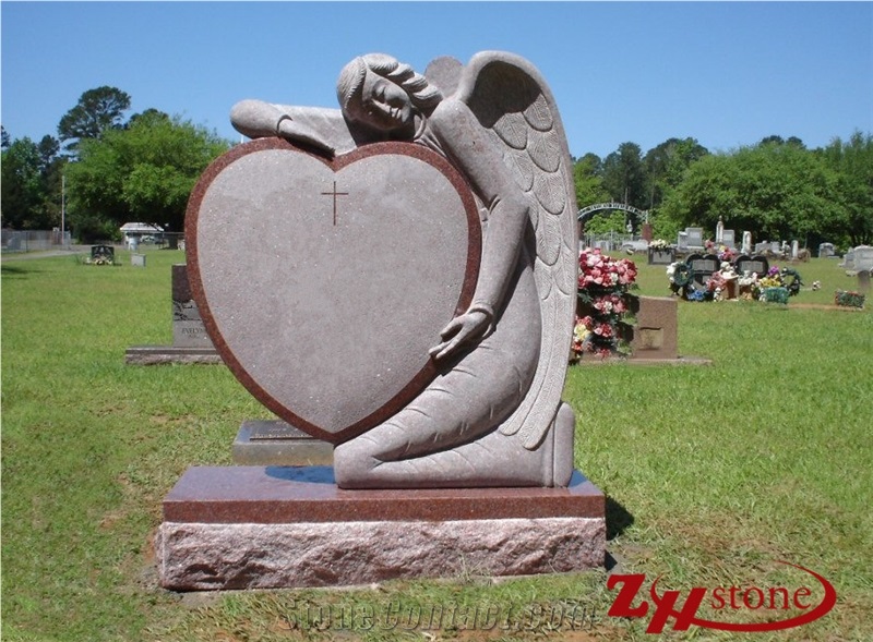Indian Red Granite Angel with Heart Tombstone