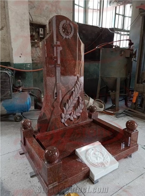 Indian Red Granite Wheat and Gun Carving Monument