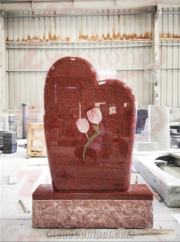 Indian Red Mountain Design& Rose Carving Headstone