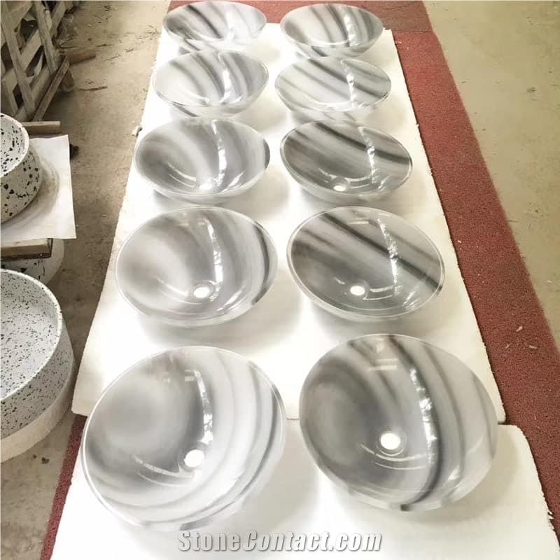 Cloudy White Marble Round Sink, White Marble Basin