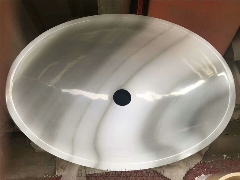 Cloudy White Marble Sink, Queen White Onyx Basin