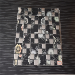 Black Flower Pic Square Shape Glass Mosaics