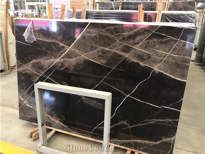 China Polished Black Marble with Gold Line Slabs