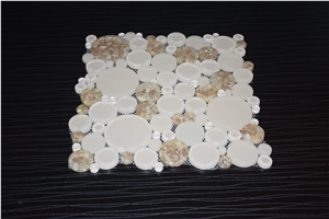 Penny Round White Color and Crystal Brown Glass Mosaic