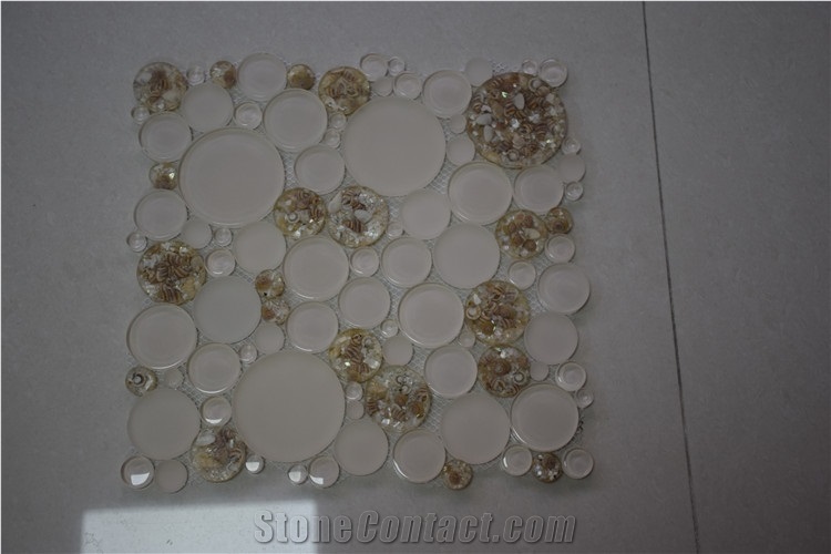 White and Light Brown Penny Round Glass Mosaics