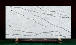 White Calacatta Artificial Marble Quartz Stone Kitchen Slab Project