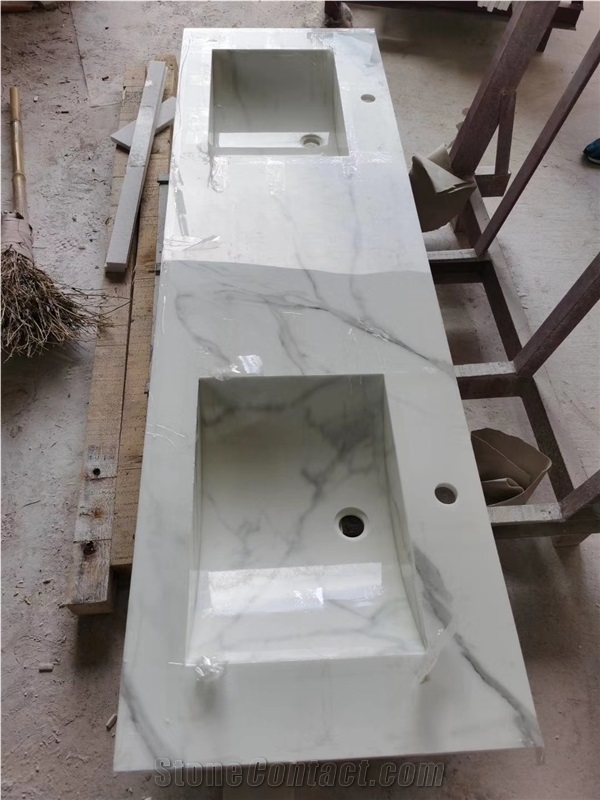 Elgant Nano White Calacatta Glass Vanity Bath Top