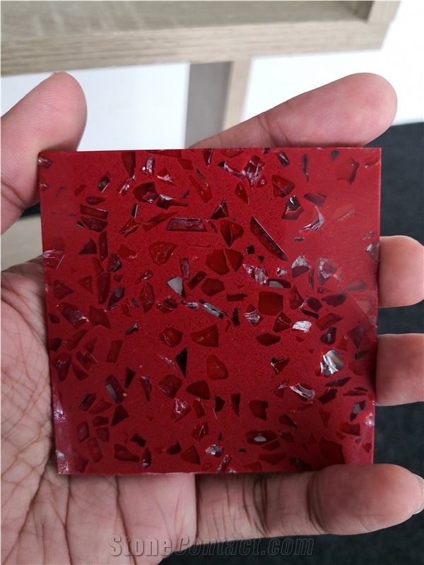 Shiny Red Monochrome Quartz Stone Slabs