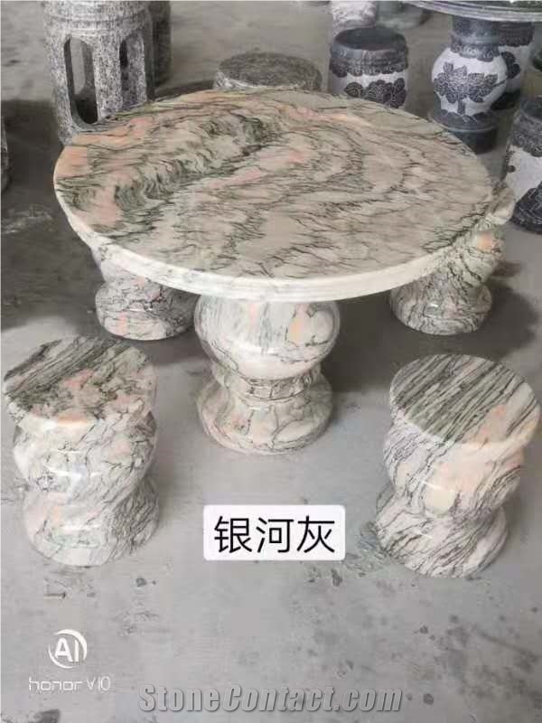Balcony Round Tea Table Bench Natural Stone Chair