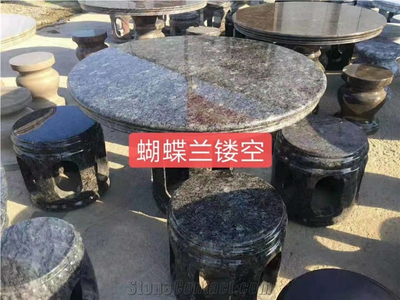 Butterfly Blue Granite Round Table and Chair Sets
