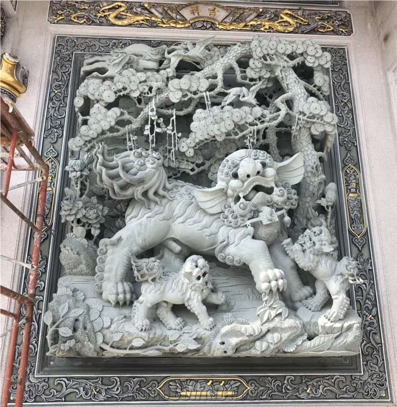 Elegantly Carved Chinese Dragon Stone Wall Relief