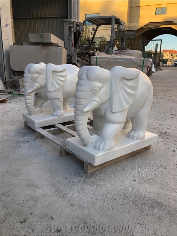 White Marble Animals Elephants Statue Sculpture