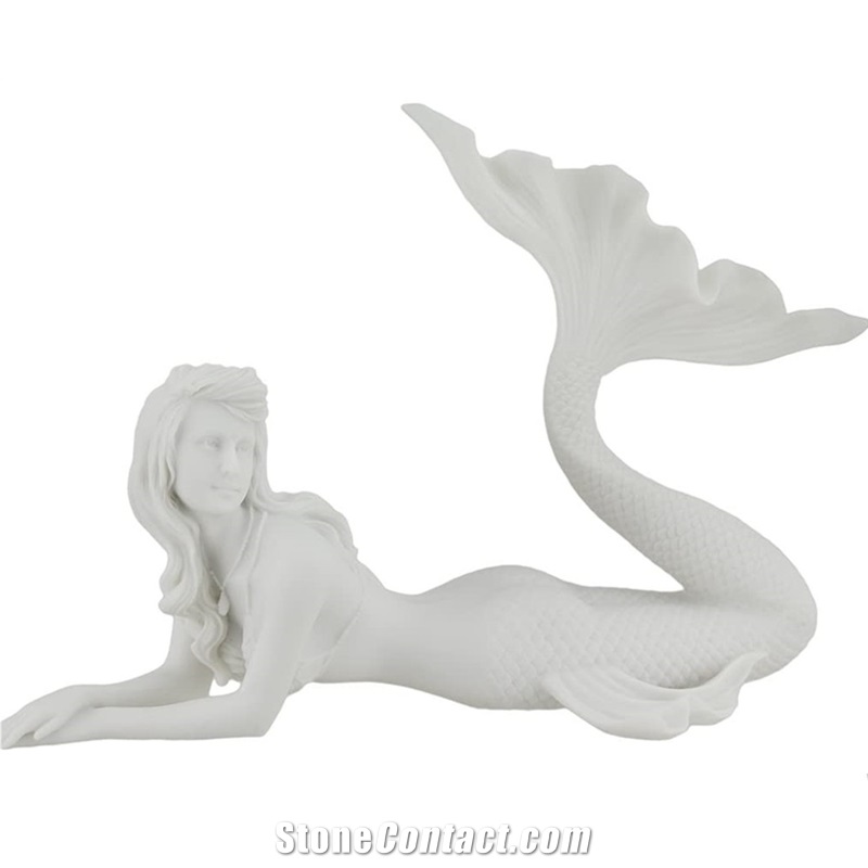 White Marble Sculpture Of Mermaid Sitting on Beach