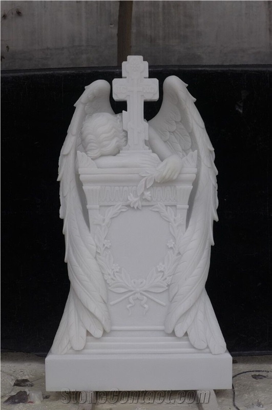 White Marble Carved Angel Tombstone Headstone