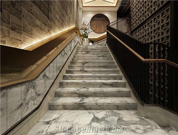 Arabescato Stones Treads Indoor Marble Staircase