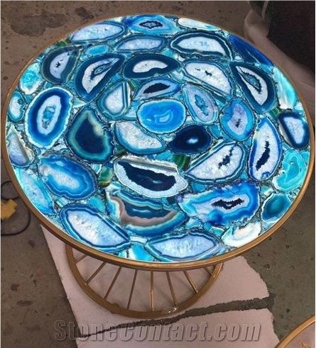Blue Agate Semi-Precious Stone Polished Table Top