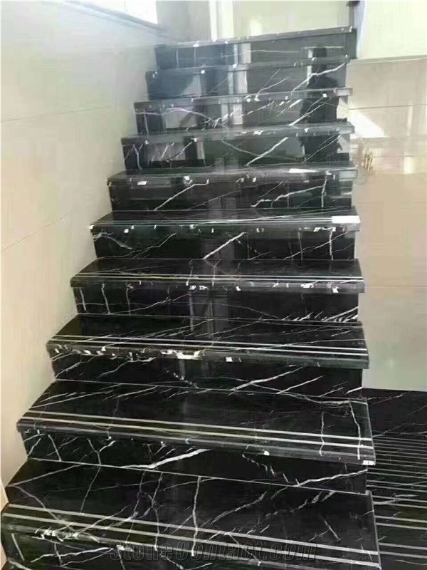 China Negro Marquina Marble Polished Stair Treads