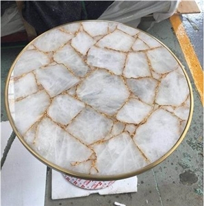 White Agate Semiprecious Stone Polished Table Top
