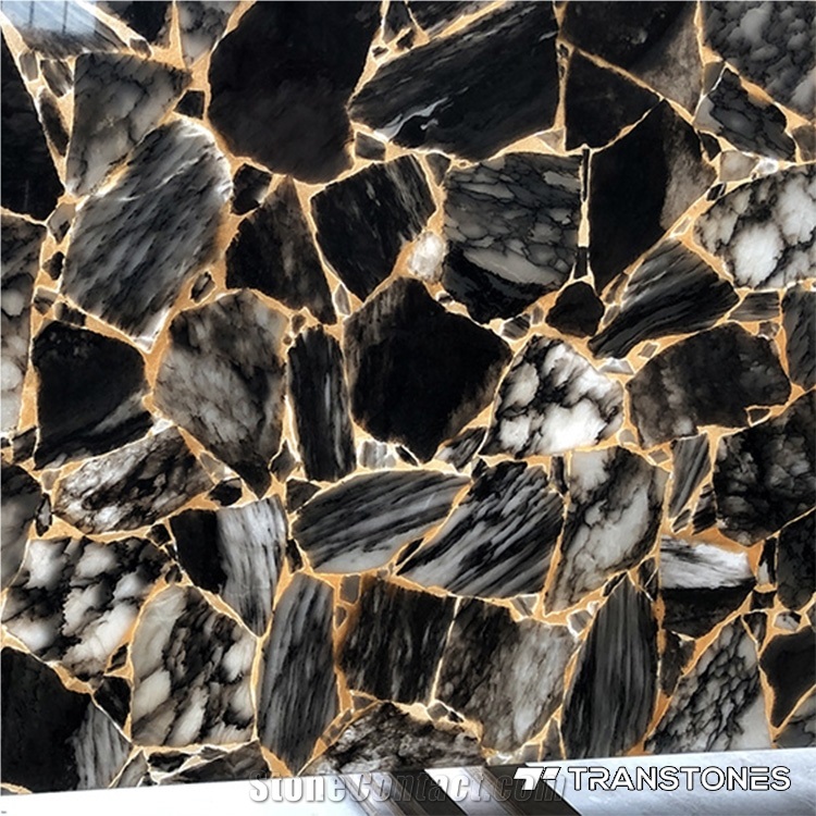 Gold Veins Black Polished Agate Semiprecious Stone Panel