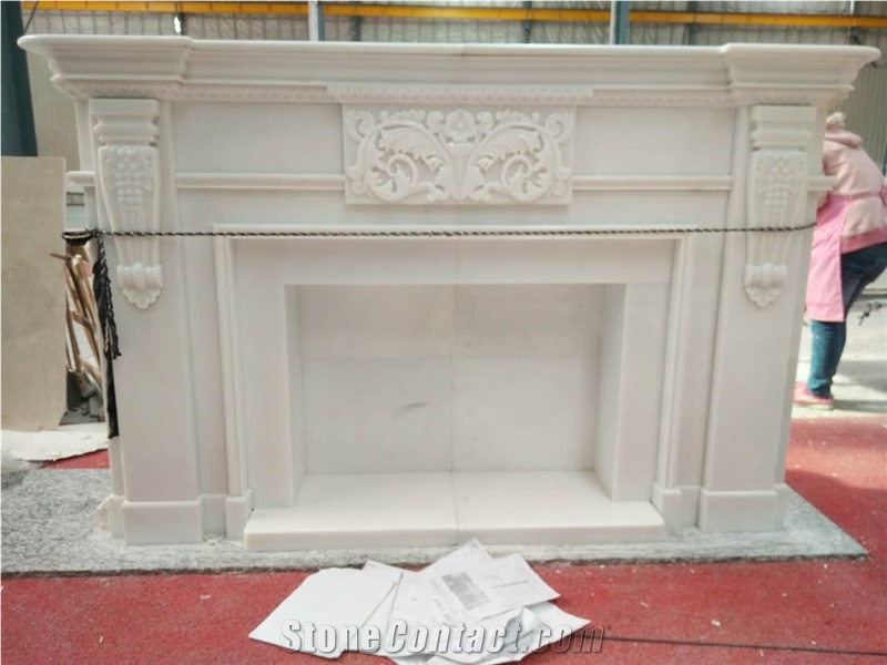 Handcarved Natural Cream Marfil Marble Fireplace