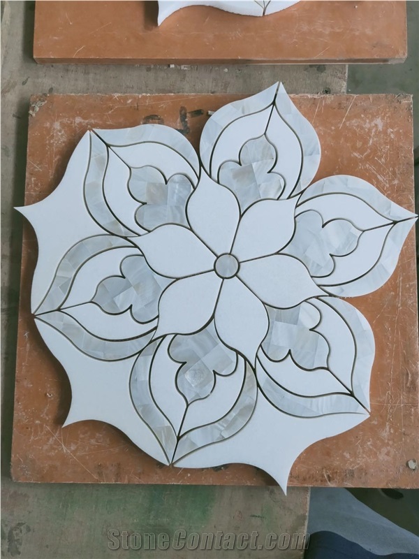 White Marble Mosaic Pattern Tiles Metal Waterjet